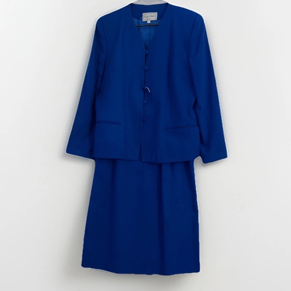 SuitsMe Womens Cobalt Blue Collarless Wool Blend USA🇺🇸 Elegant Formal S12 Blazer